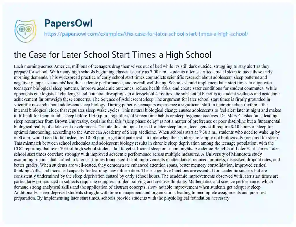 Essay on the Case for Later School Start Times: a High School