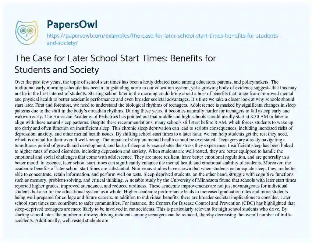 Essay on The Case for Later School Start Times: Benefits for Students and Society