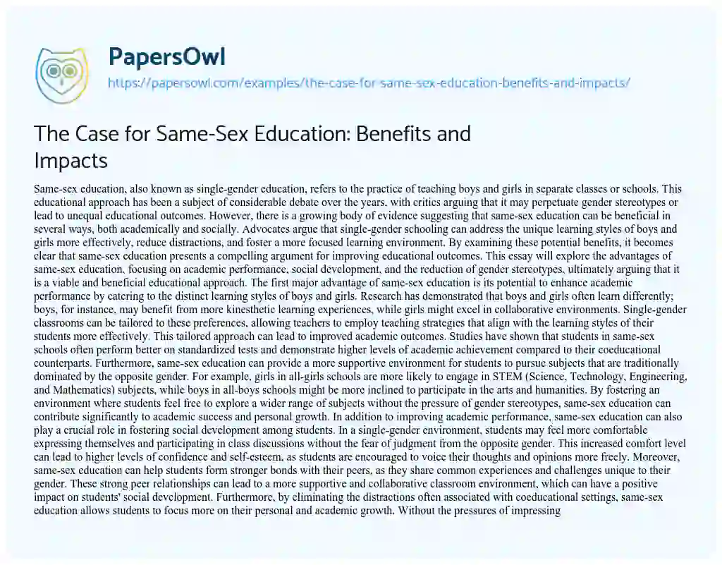 Essay on The Case for Same-Sex Education: Benefits and Impacts