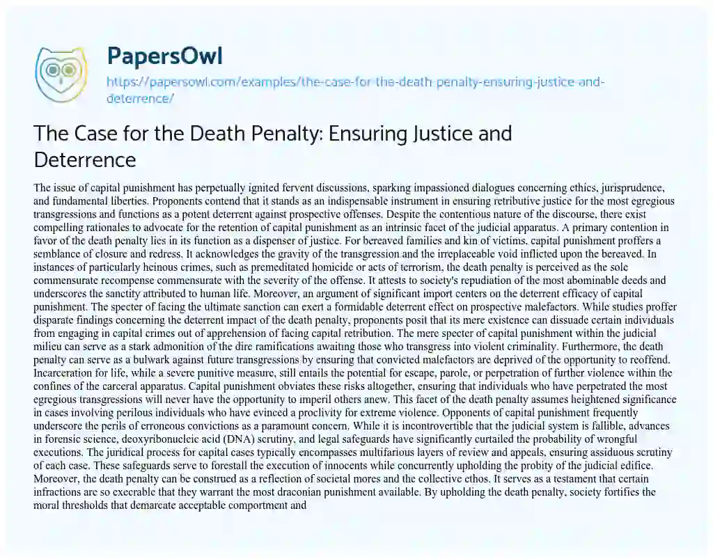 Essay on The Case for the Death Penalty: Ensuring Justice and Deterrence