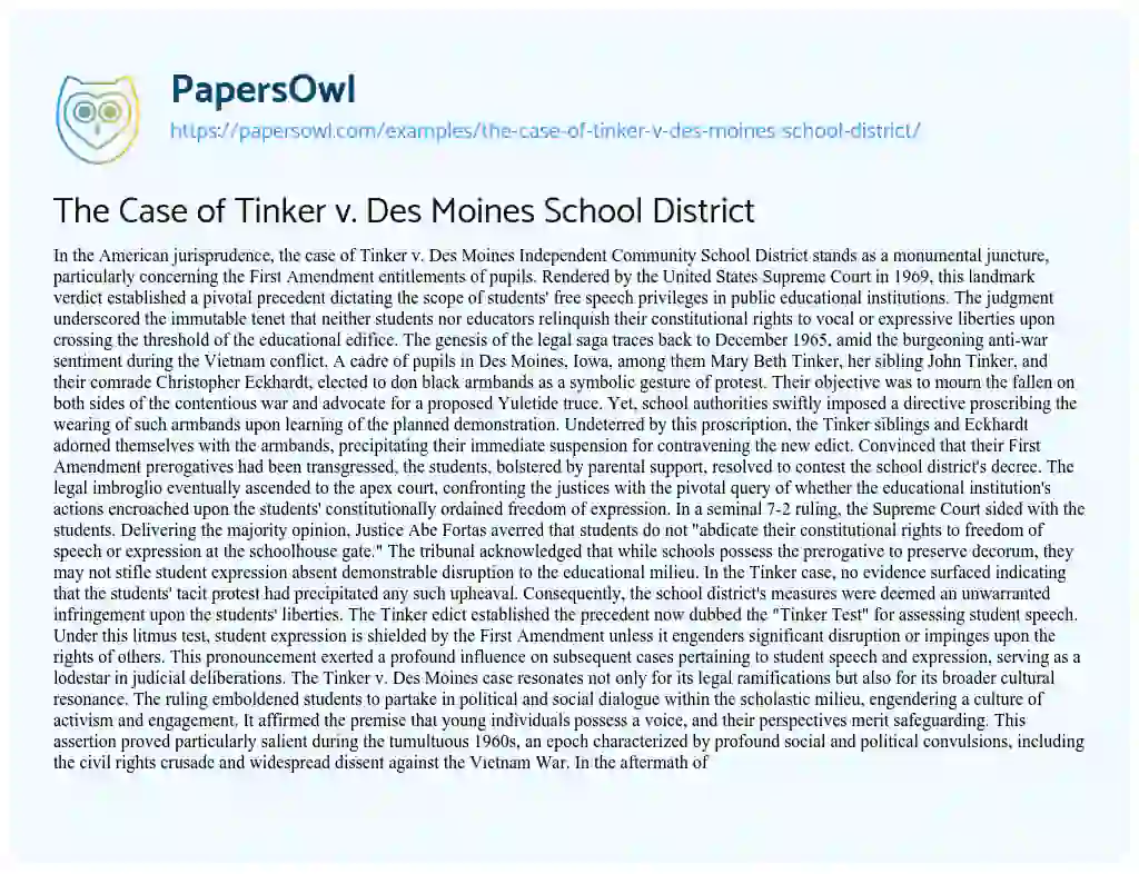 Essay on The Case of Tinker V. Des Moines School District