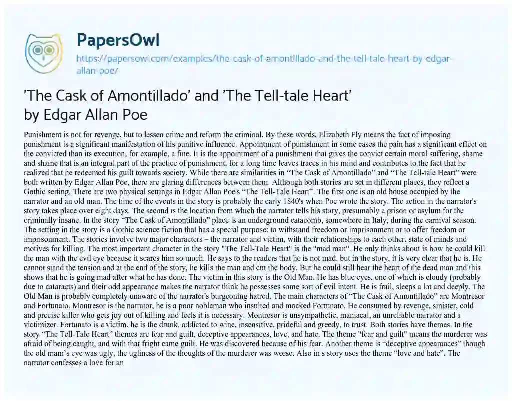Essay on ‘The Cask of Amontillado’ and ‘The Tell-tale Heart’ by Edgar Allan Poe