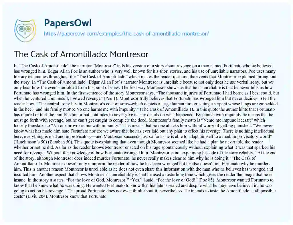 The Cask of Amontillado: Montresor essay