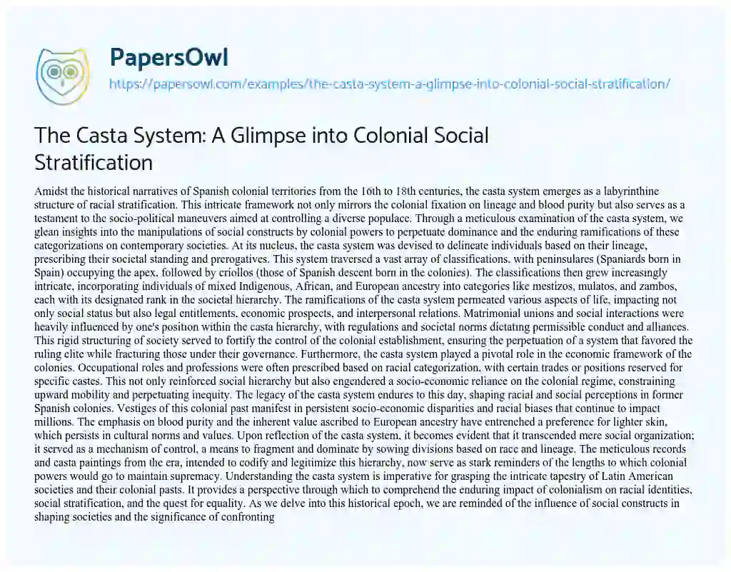 Essay on The Casta System: a Glimpse into Colonial Social Stratification