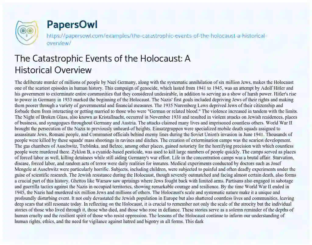 Essay on The Catastrophic Events of the Holocaust: a Historical Overview