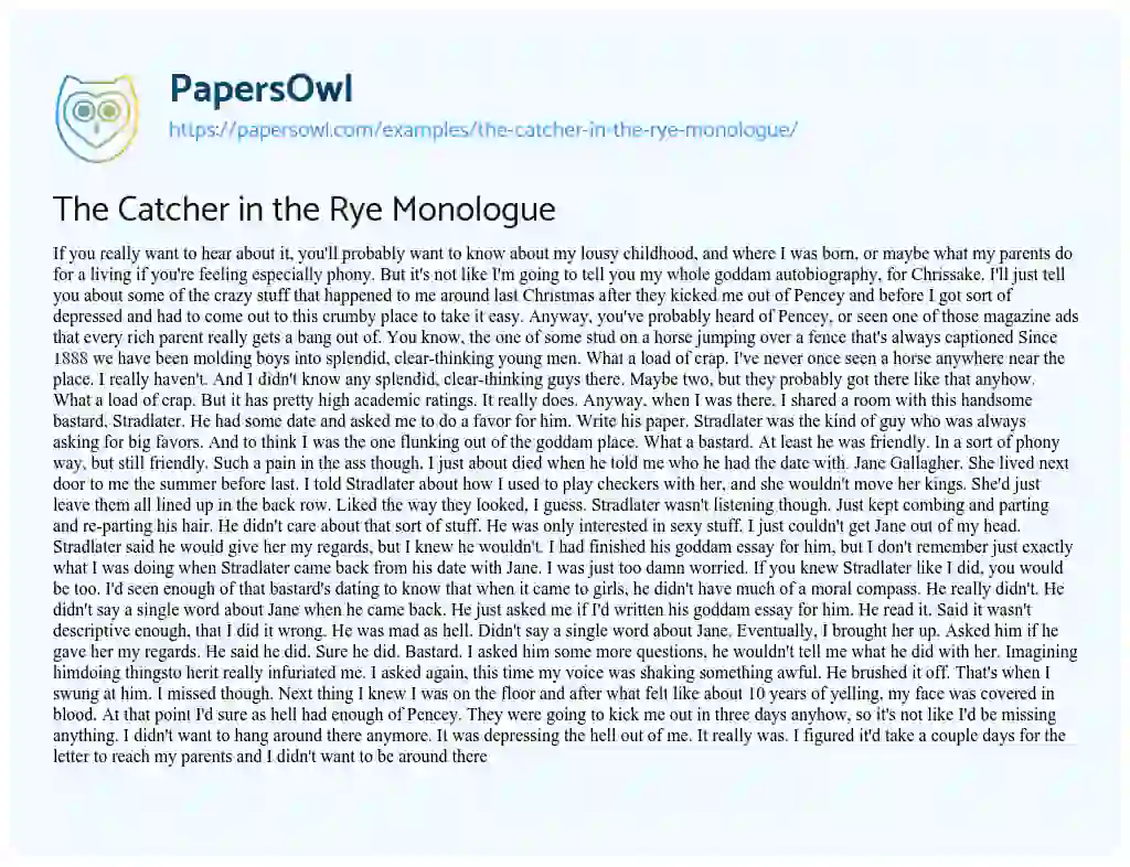 Essay on The Catcher in the Rye Monologue