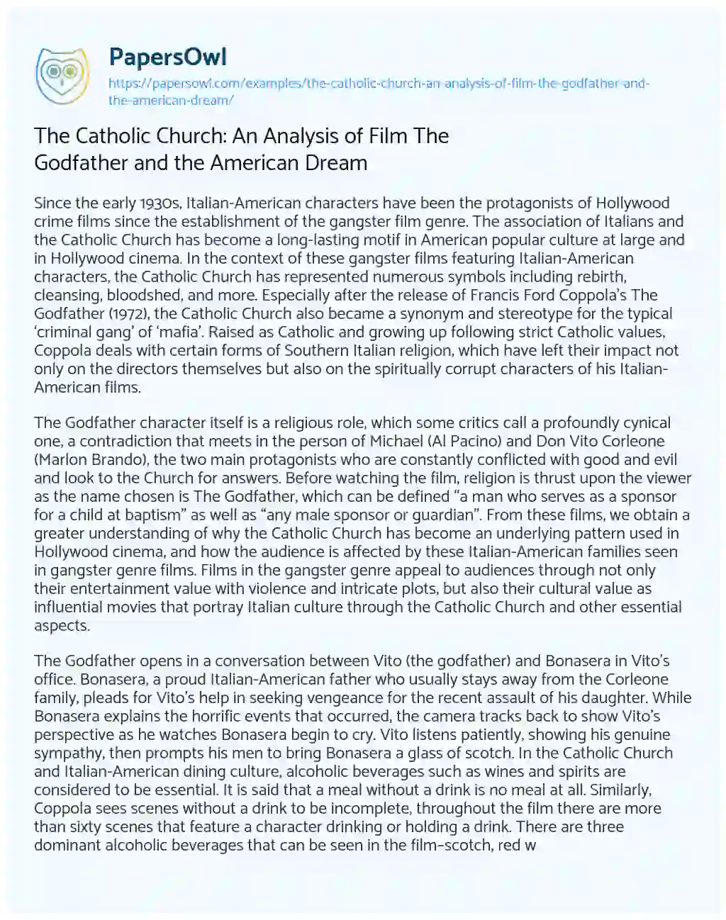 Essay on The Catholic Church: an Analysis of Film the Godfather and the American Dream