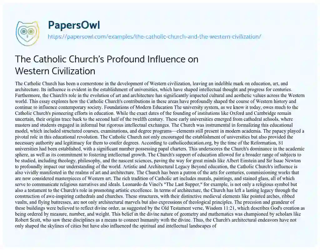 Essay on The Catholic Church and the Western Civilization