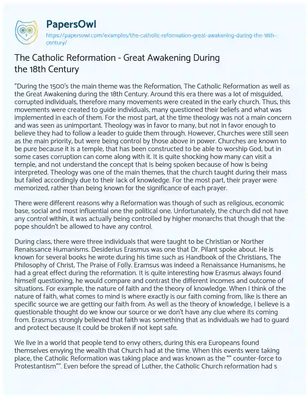 The Catholic Reformation – Great Awakening during the 18th Century essay