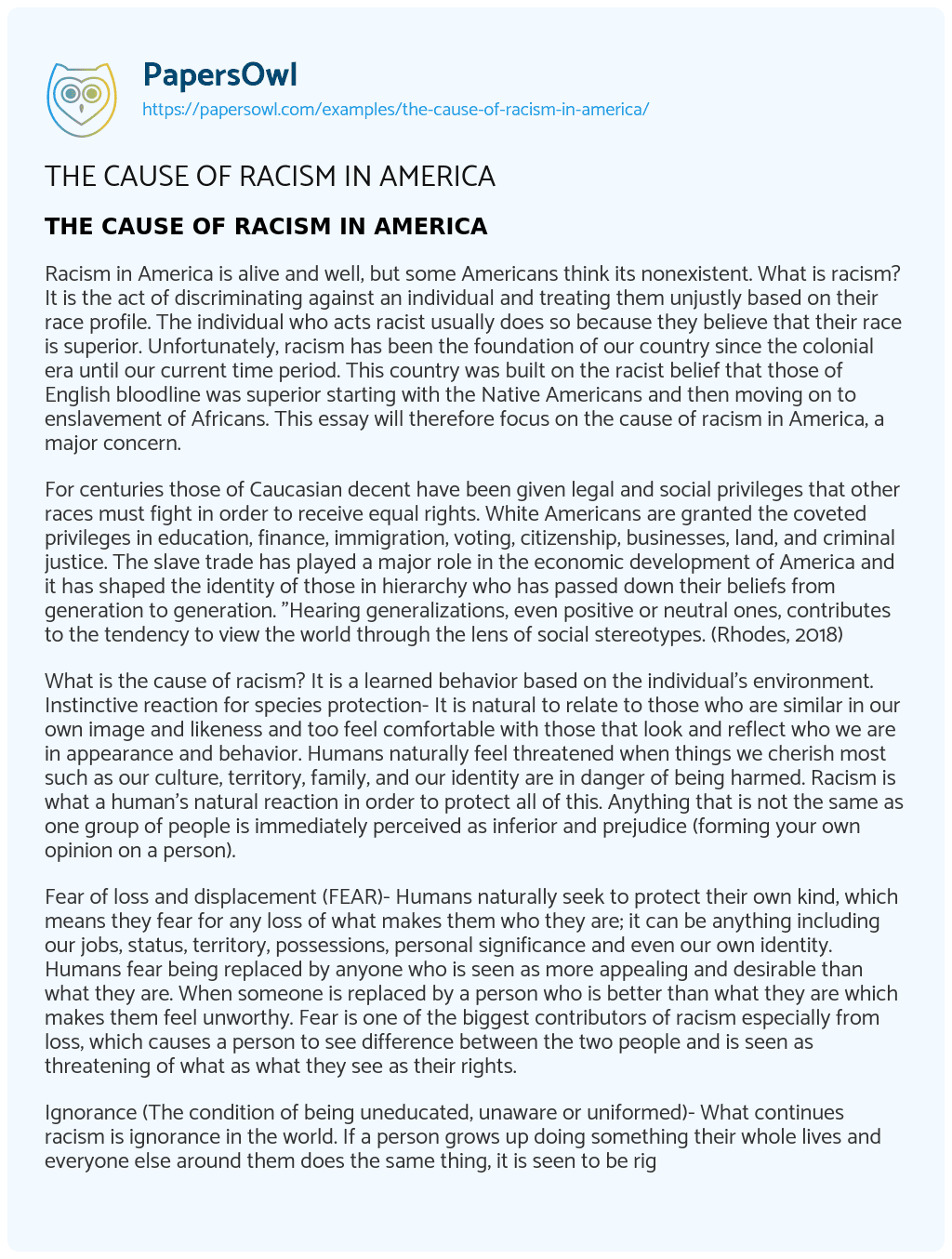 THE CAUSE of RACISM in AMERICA essay
