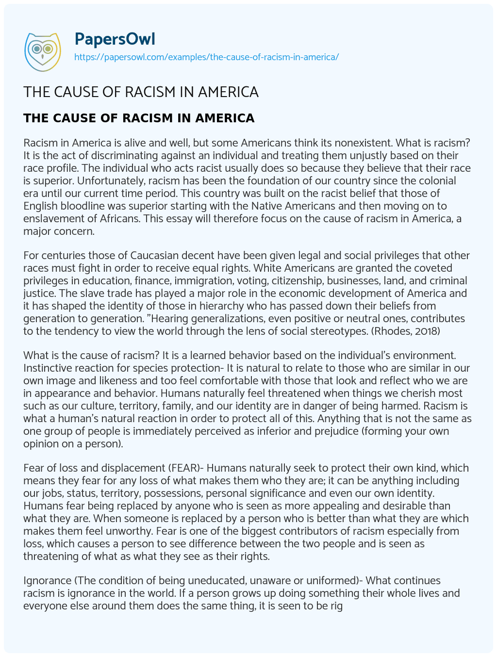 Essay on THE CAUSE of RACISM in AMERICA