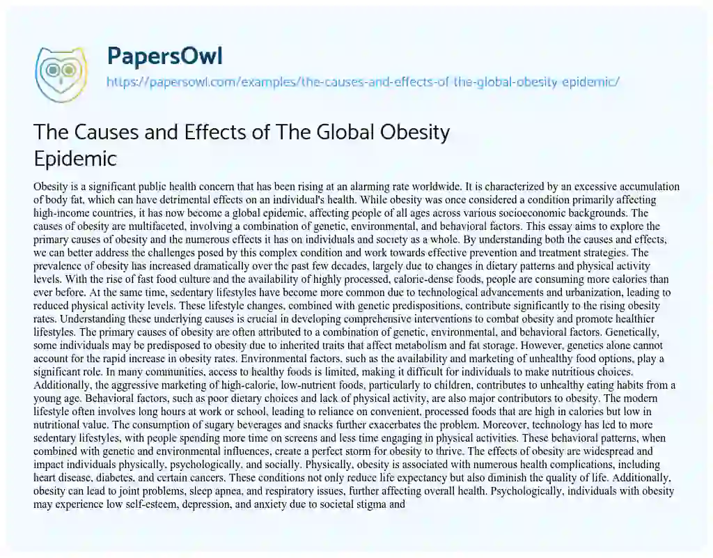 Essay on The Causes and Effects of The Global Obesity Epidemic