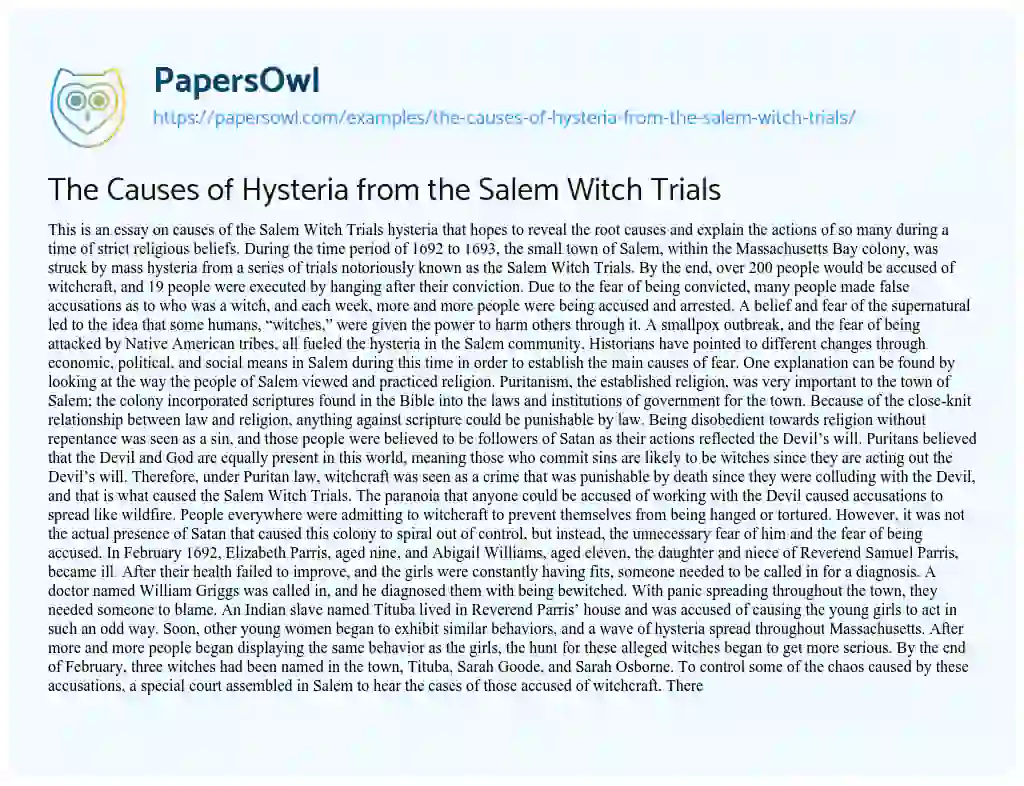 The Causes of Hysteria from the Salem Witch Trials essay
