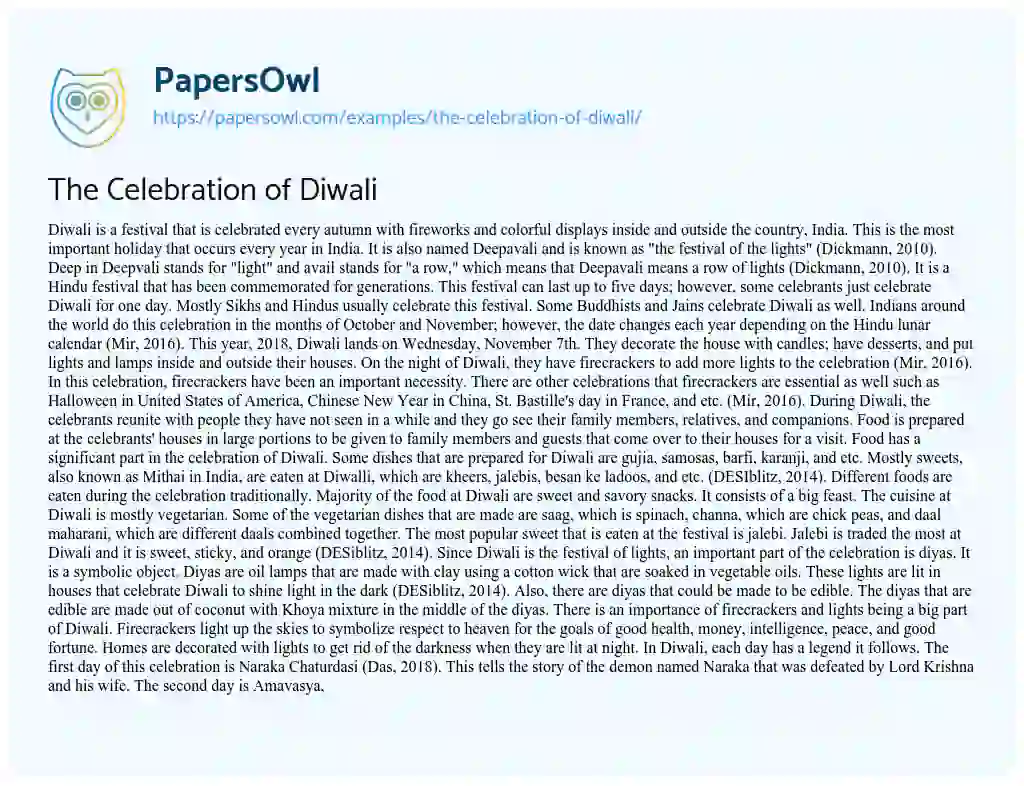 The Celebration of Diwali essay