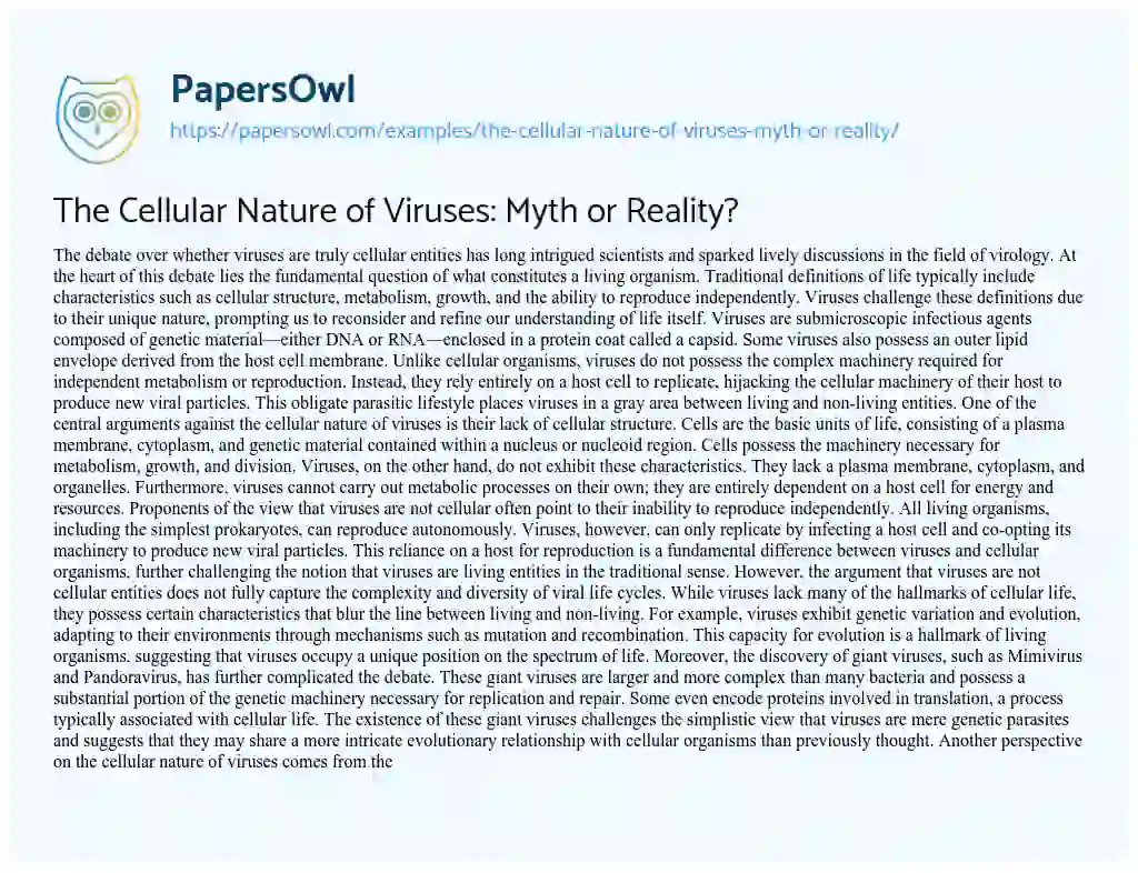 Essay on The Cellular Nature of Viruses: Myth or Reality?