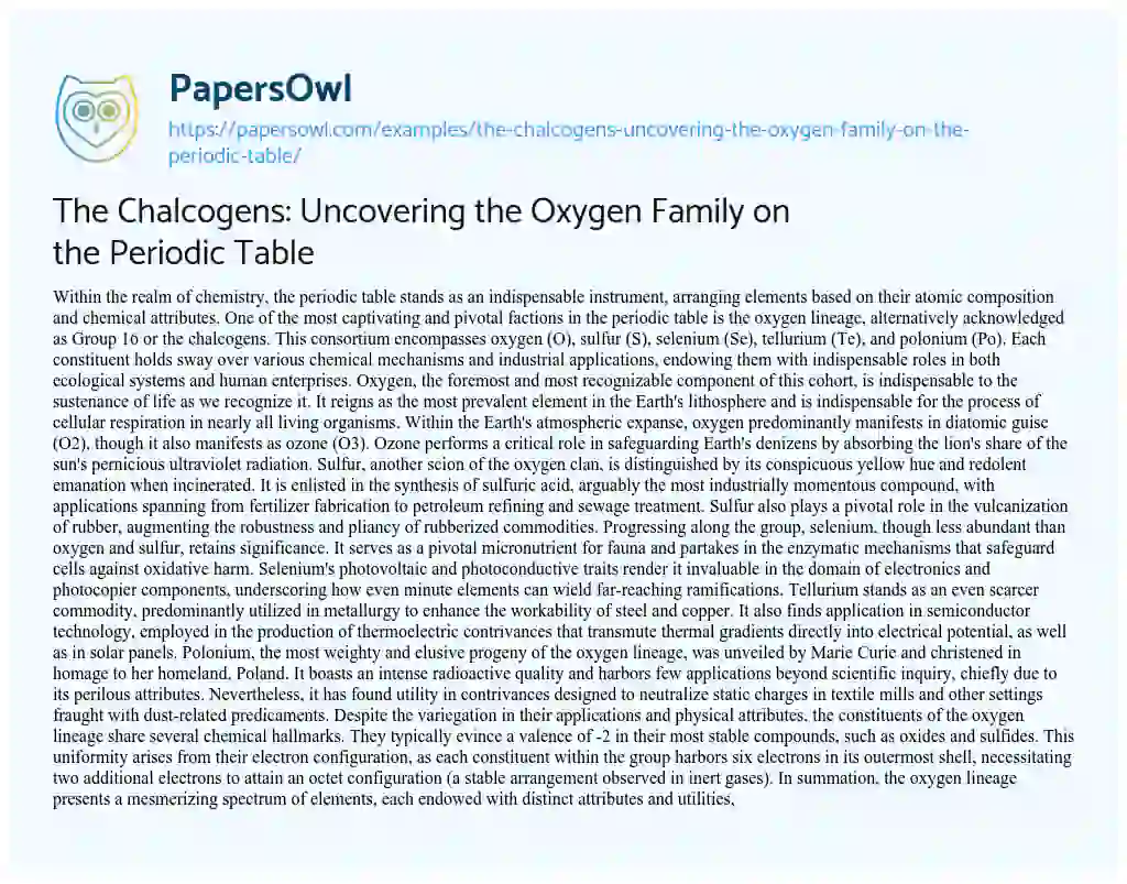 Essay on The Chalcogens: Uncovering the Oxygen Family on the Periodic Table