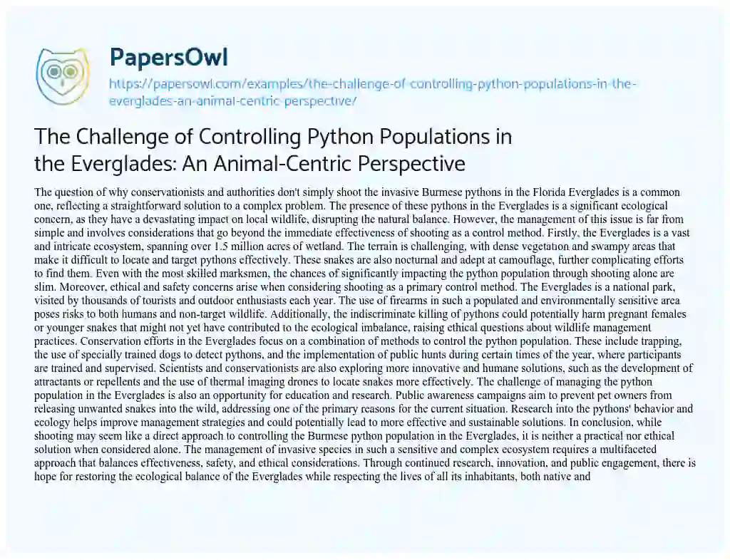 Essay on The Challenge of Controlling Python Populations in the Everglades: an Animal-Centric Perspective