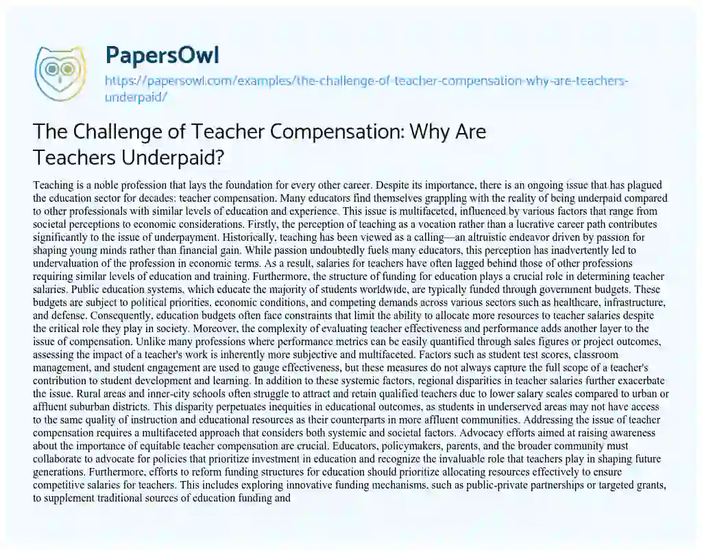 Essay on The Challenge of Teacher Compensation: why are Teachers Underpaid?