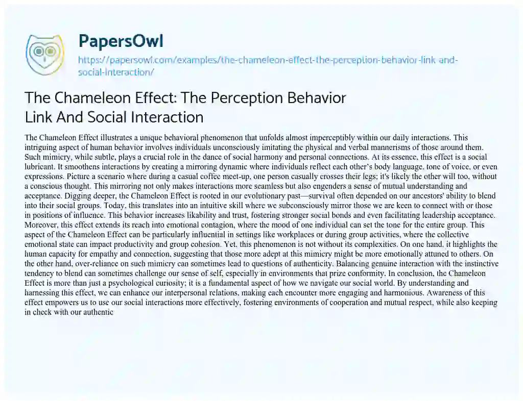 Essay on The Chameleon Effect: the Perception Behavior Link and Social Interaction