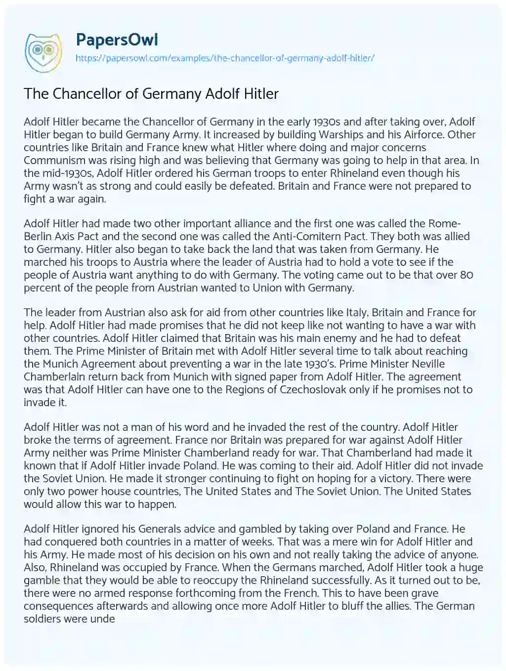 Essay on The Chancellor of Germany Adolf Hitler