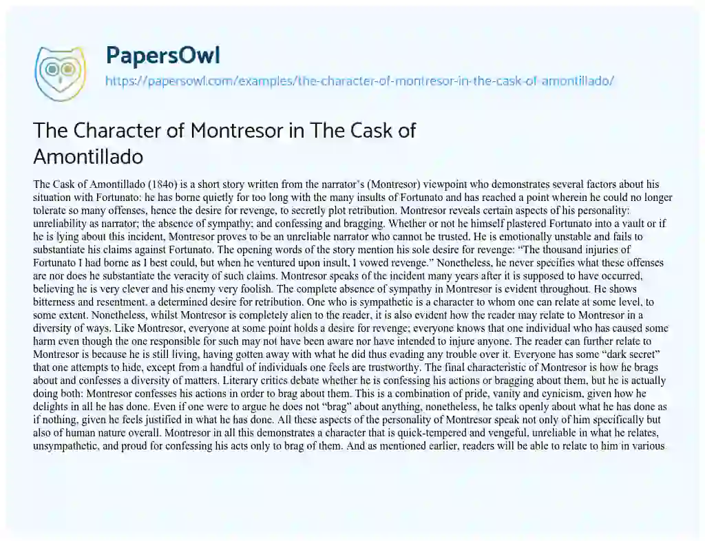 Essay on The Character of Montresor in the Cask of Amontillado