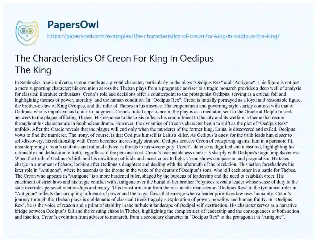 Essay on The Characteristics of Creon for King in Oedipus the King