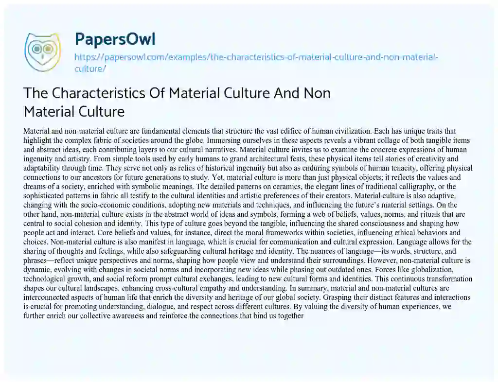 Essay on The Characteristics of Material Culture and Non Material Culture