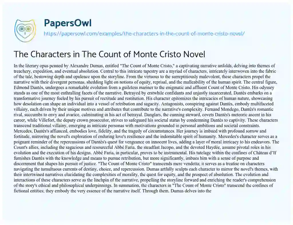 Essay on The Characters in the Count of Monte Cristo Novel
