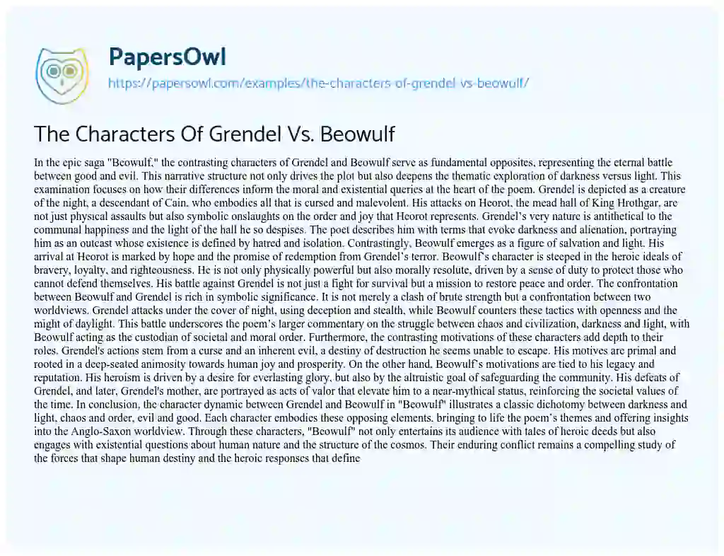 Essay on The Characters of Grendel Vs. Beowulf