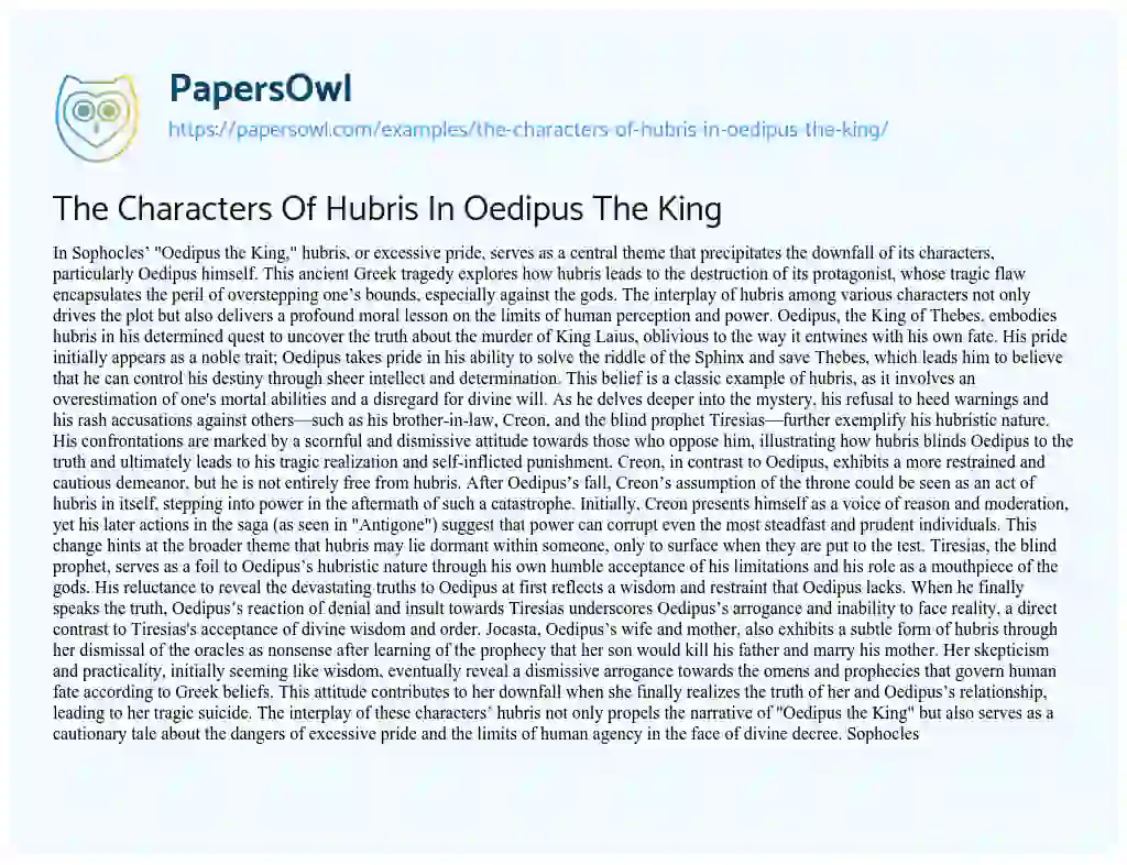 Essay on The Characters of Hubris in Oedipus the King