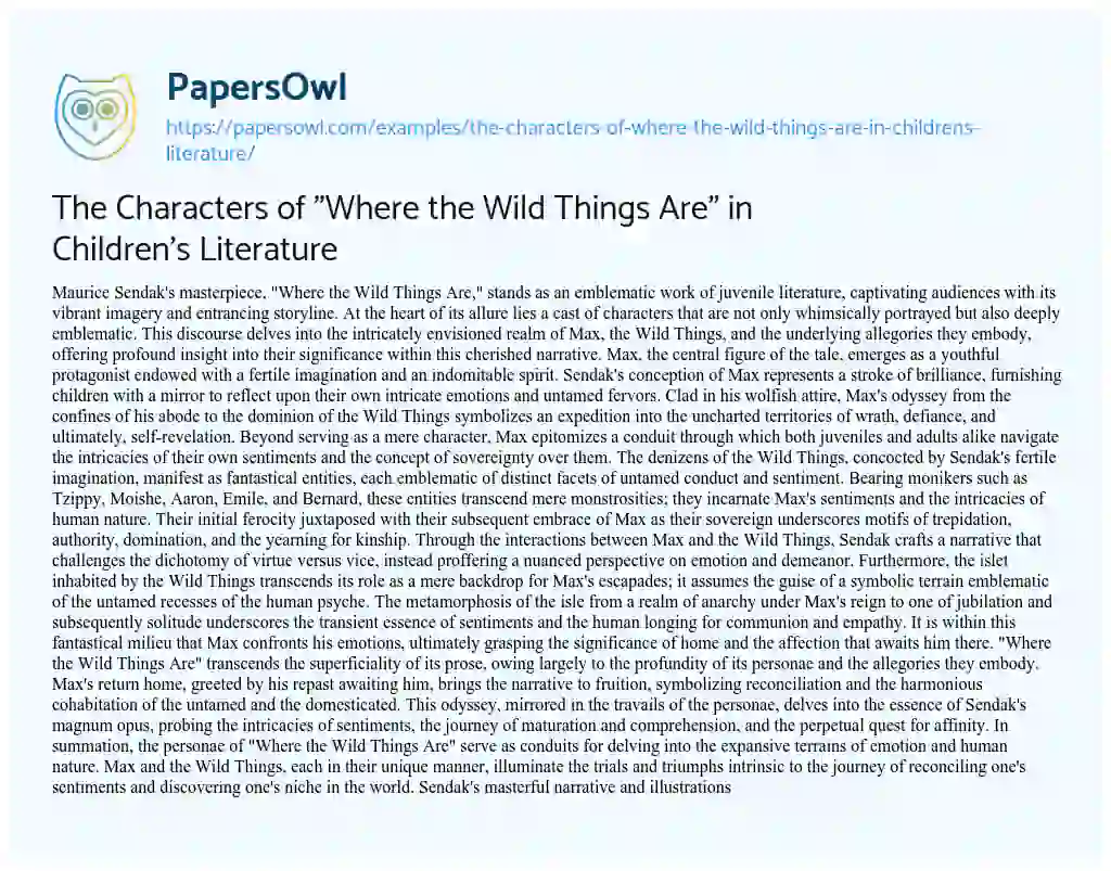 Essay on The Characters of “Where the Wild Things Are” in Children’s Literature