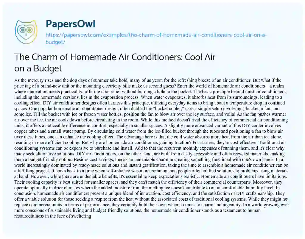 Essay on The Charm of Homemade Air Conditioners: Cool Air on a Budget