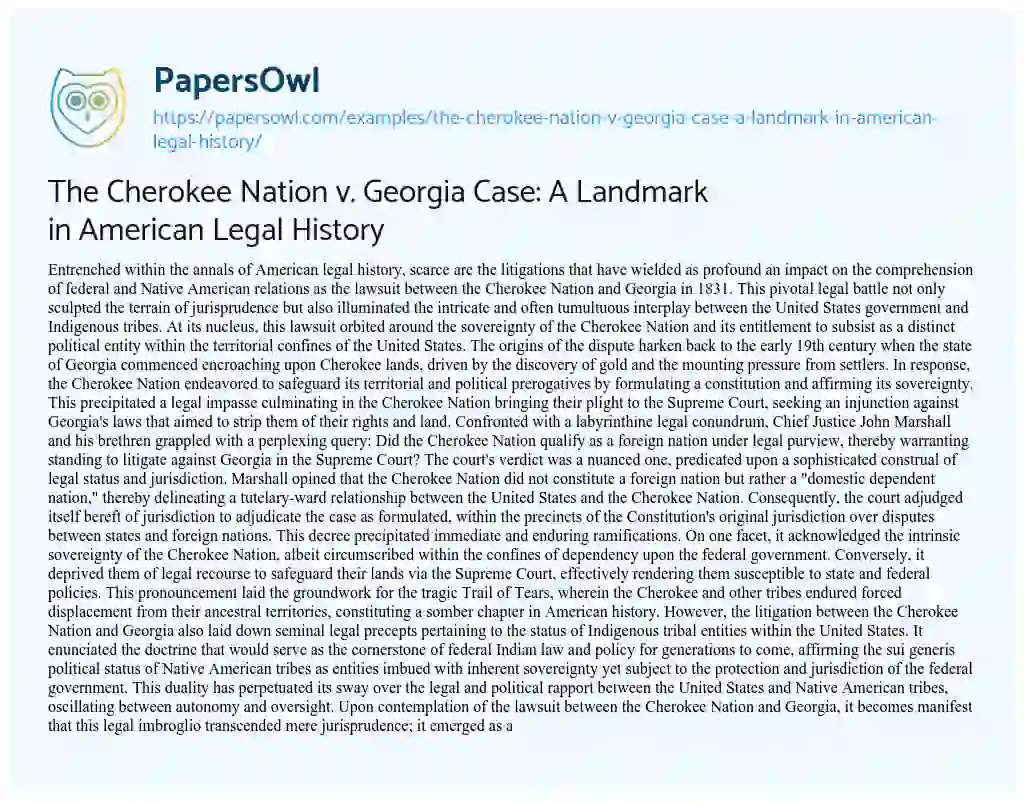 Essay on The Cherokee Nation V. Georgia Case: a Landmark in American Legal History
