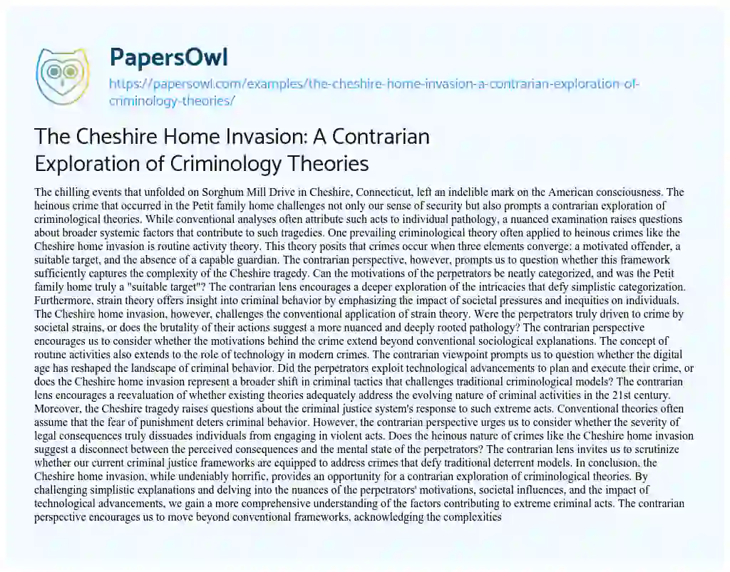 Essay on The Cheshire Home Invasion: a Contrarian Exploration of Criminology Theories