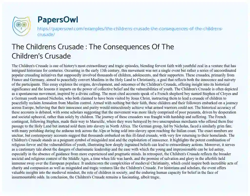 Essay on The Childrens Crusade : the Consequences of the Children’s Crusade