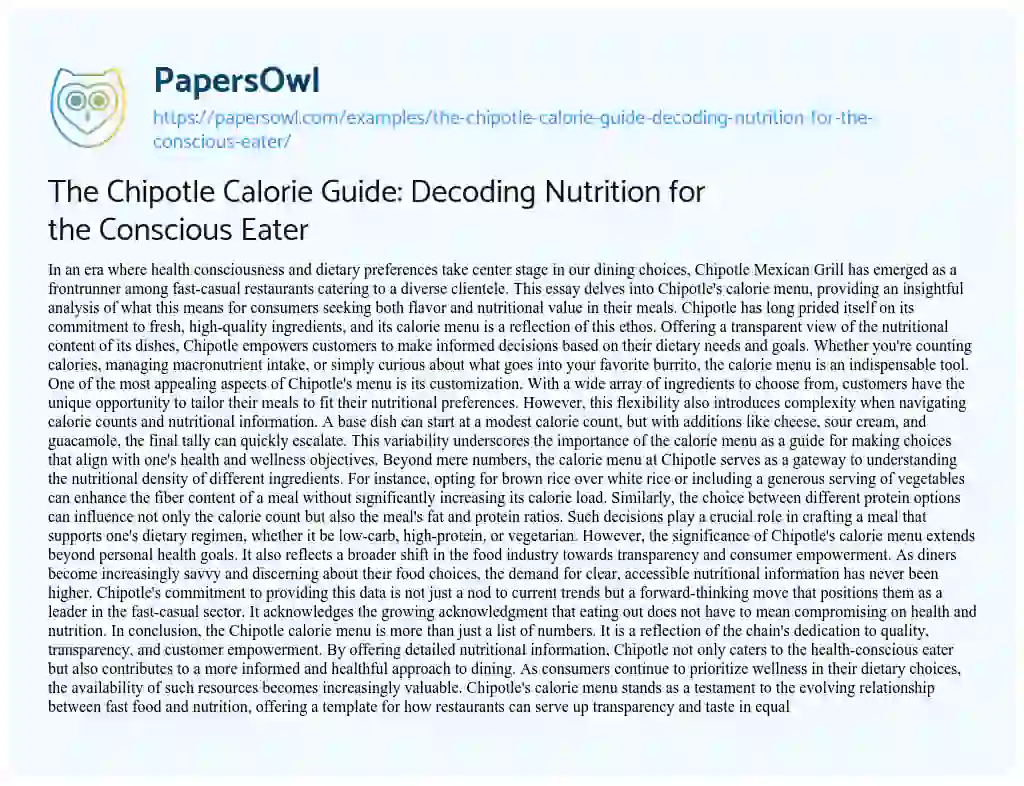Essay on The Chipotle Calorie Guide: Decoding Nutrition for the Conscious Eater