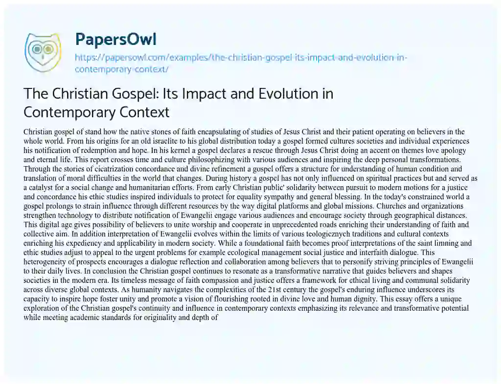 Essay on The Christian Gospel: its Impact and Evolution in Contemporary Context