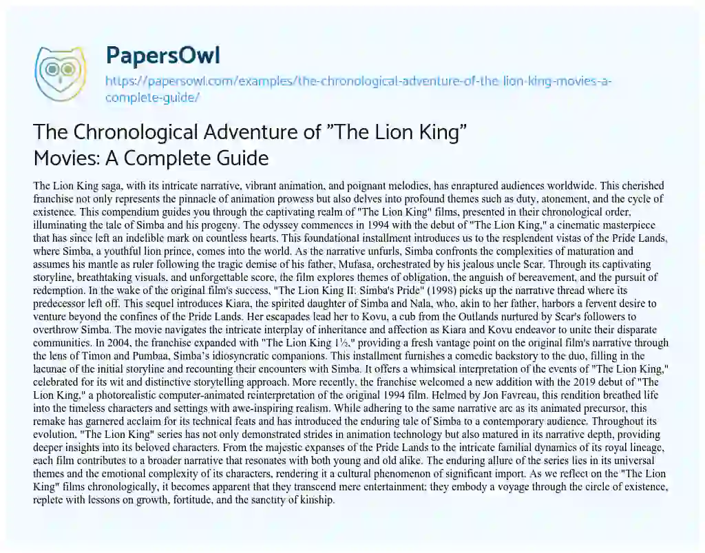 Essay on The Chronological Adventure of “The Lion King” Movies: a Complete Guide