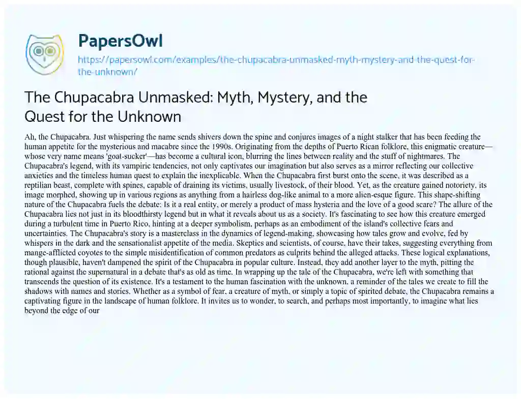 Essay on The Chupacabra Unmasked: Myth, Mystery, and the Quest for the Unknown