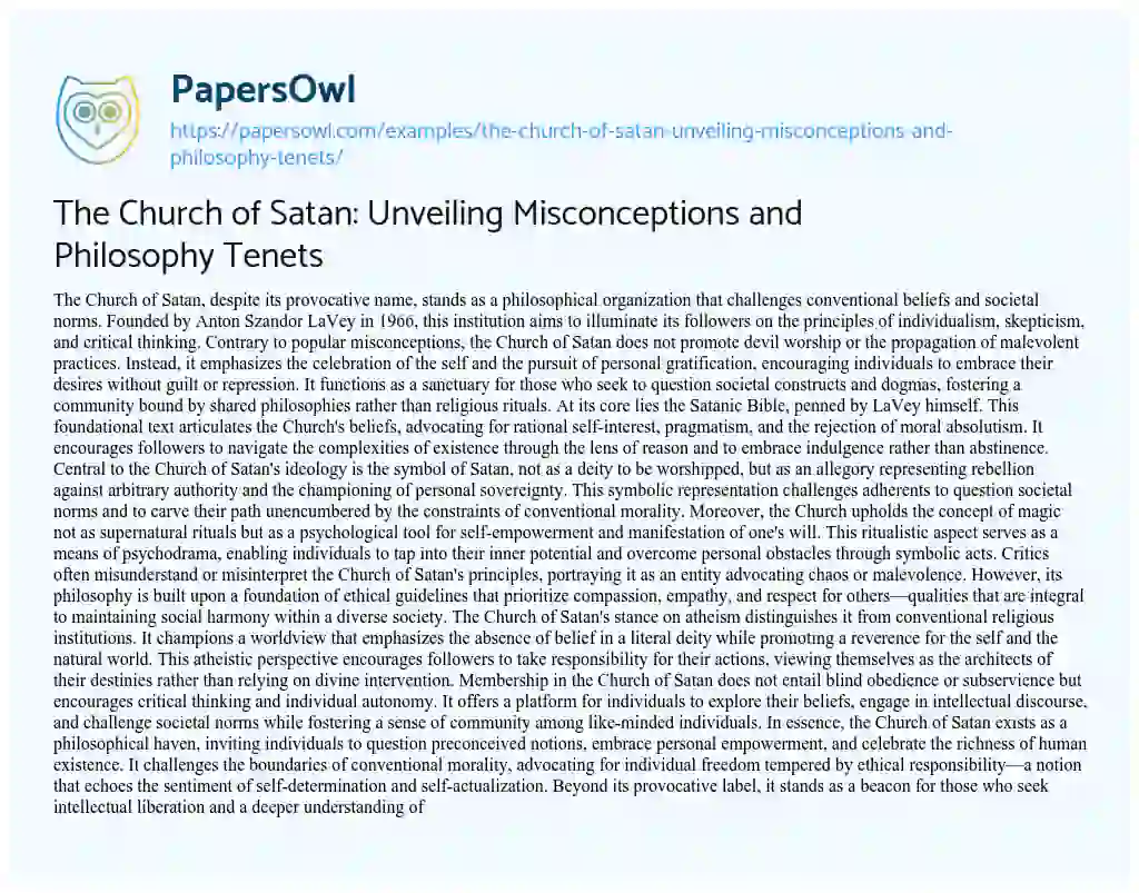 Essay on The Church of Satan: Unveiling Misconceptions and Philosophy Tenets