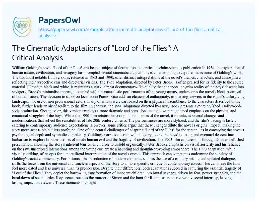 Essay on The Cinematic Adaptations of “Lord of the Flies”: a Critical Analysis