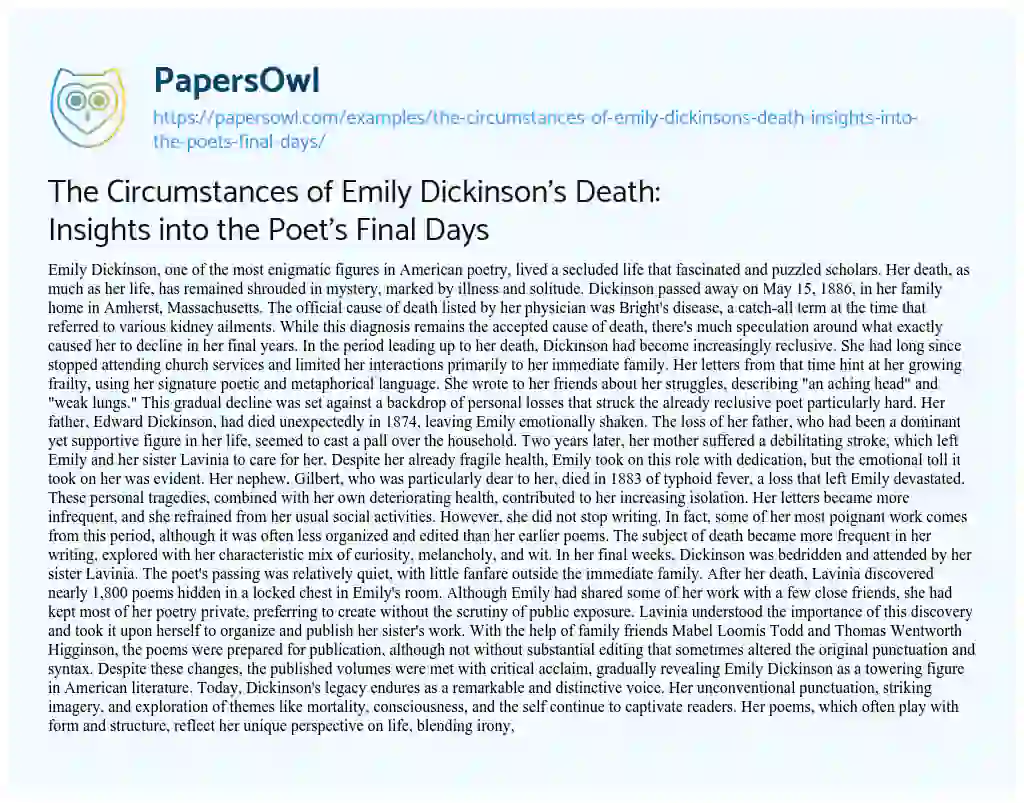 Essay on The Circumstances of Emily Dickinson’s Death: Insights into the Poet’s Final Days