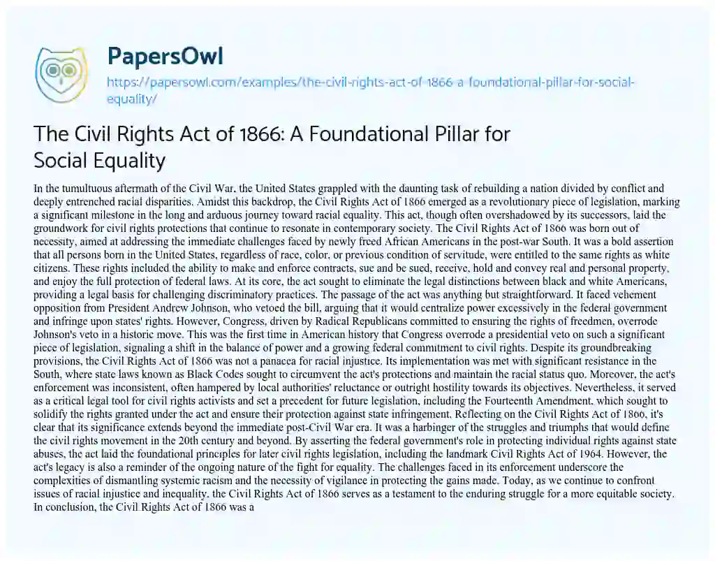 Essay on The Civil Rights Act of 1866: a Foundational Pillar for Social Equality