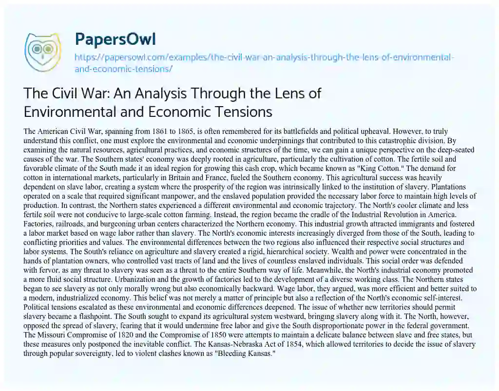 Essay on The Civil War: an Analysis through the Lens of Environmental and Economic Tensions