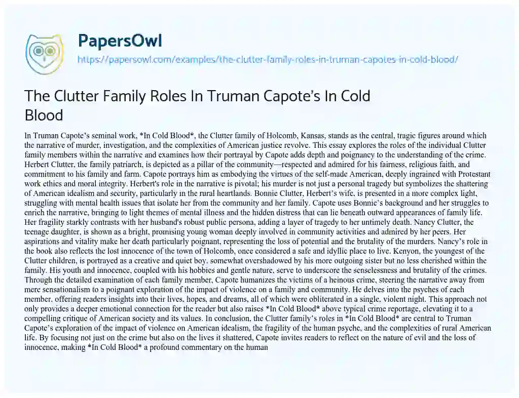 Essay on The Clutter Family Roles in Truman Capote’s in Cold Blood
