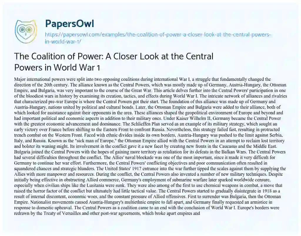 Essay on The Coalition of Power: a Closer Look at the Central Powers in World War 1