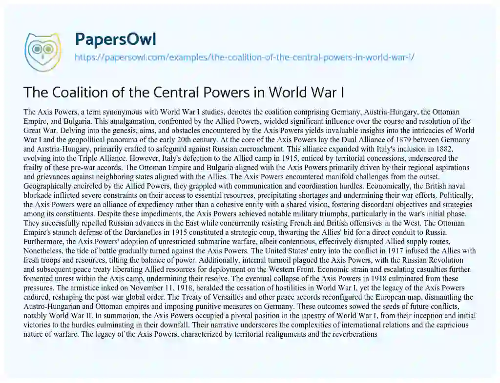 Essay on The Coalition of the Central Powers in World War i