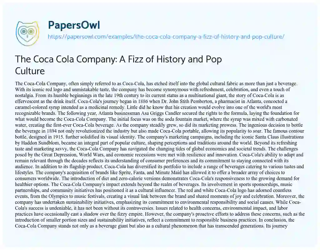 Essay on The Coca Cola Company: a Fizz of History and Pop Culture