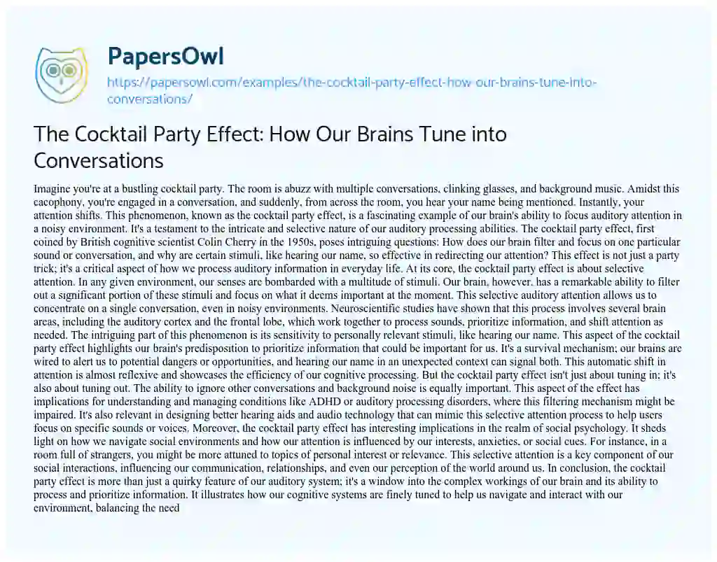 Essay on The Cocktail Party Effect: how our Brains Tune into Conversations