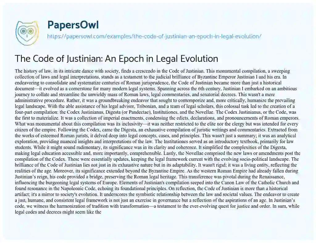 Essay on The Code of Justinian: an Epoch in Legal Evolution